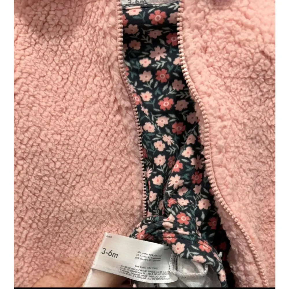 Carters Child of Mine Baby Girl Pink Sherpa Jacket, Floral Bodysuit & Pants 3-6M